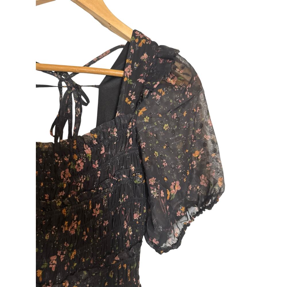 Slate & Willow Black Floral Print Chiffon Puff Sleeve Smocked Maxi Dress Small - Picture 5 of 13